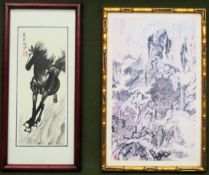 Framed Oriental picture of a horse, plus Oriental print Both appear in reasonable used condition