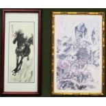 Framed Oriental picture of a horse, plus Oriental print Both appear in reasonable used condition