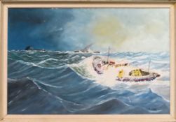 J H Parry - 1970's framed oil on board depicting a life boat on a rescue mission. Approx. 56cms x