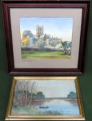 Framed watercolour depicting Wells Cathedral, plus smaller watercolour bty Fred Waugh both used