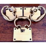THREE BRASS "TRAP DOOR" HINGE HANDLES UPON BACK PLATES, HEAVY QUALITY, CAN BE ROTATED 360 DEGREES,
