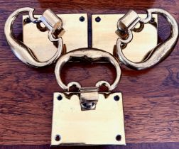THREE BRASS "TRAP DOOR" HINGE HANDLES UPON BACK PLATES, HEAVY QUALITY, CAN BE ROTATED 360 DEGREES,