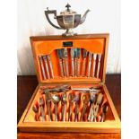 FIFTY-SEVEN PIECES OF GOLD PLATED CUTLERY, BOXED, PLUS SILVER PLATED TEAPOT