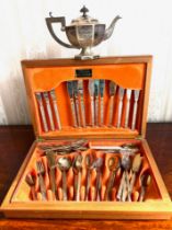 FIFTY-SEVEN PIECES OF GOLD PLATED CUTLERY, BOXED, PLUS SILVER PLATED TEAPOT