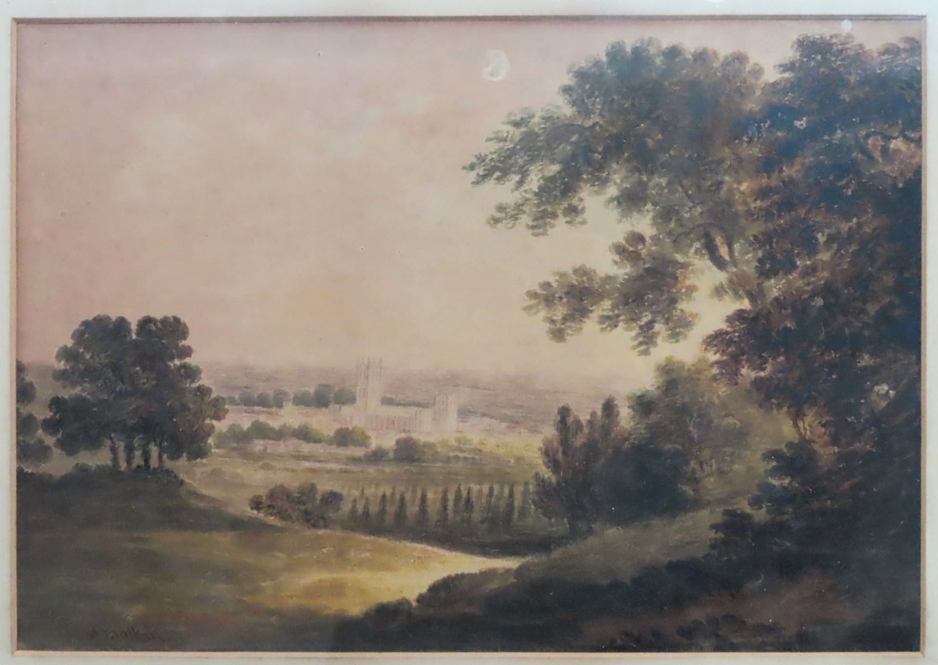 Malkin, gilt framed watercolour depicting a country scene with church/cathedral in the background.