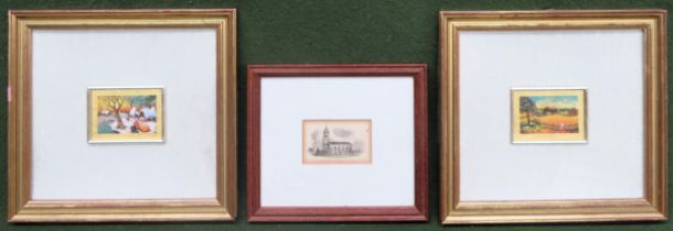 Small print of St Matthews Chapel, plus pair of framed Oro Foglia small gold leaf panels all