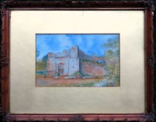 Early 20th century gilt framed watercolour depicting figures beside a castle ruins. Approx. 17 x