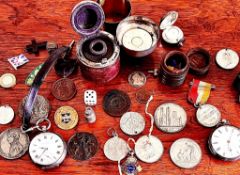 TWO SILVER CASED POCKET WATCHES, SILVER SOVEREIGN CASE, QUANTITY OF COINS, MEDALLIONS, ETC, AND