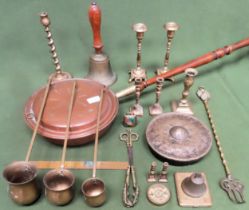 Sundry copper and brass Inc. measuring pots, fire bell, candlesticks, bedwarmer, etc all used and