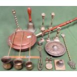 Sundry copper and brass Inc. measuring pots, fire bell, candlesticks, bedwarmer, etc all used and