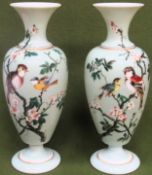 Pair of Victorian handpainted and gilded glass vases, decorated with birds and flowers. Approx. 31cm