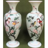 Pair of Victorian handpainted and gilded glass vases, decorated with birds and flowers. Approx. 31cm