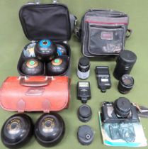 Sundry lot Inc. camera, lenses, bowling bowls, etc all used and unchecked