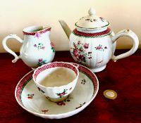 TEAPOT, CREAMER, TEA BOWL AND SAUCER, POSSIBLY LOWESTOFT, TEAPOT APPROX 14cm HIGH CHIP TO TEA BOWL