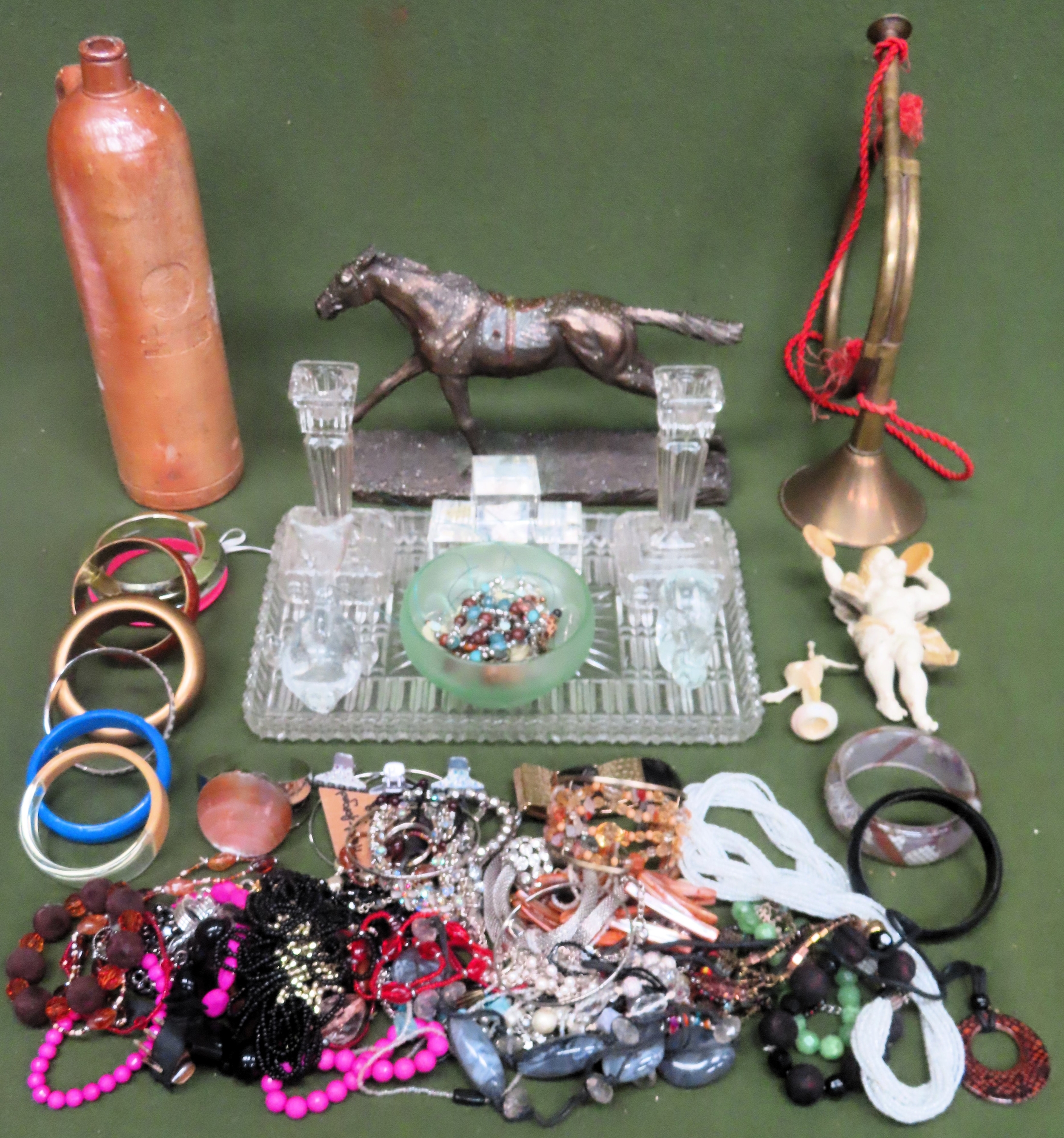 Mixed lot including Bugle, German stoneware bottle, glassware etc, plus various costume jewellery