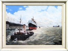 R. W. Ellis - Framed oil on board depicting a Mersey Scene. Approx. 25 x 34cms Reasonable used