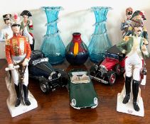 FRANKLIN MOTOT CARS, SIX CERAMIC MILITARY FIGURES, TWO POOLE VASES AND GLASS VASES, ONE AT FAULT