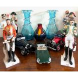 FRANKLIN MOTOT CARS, SIX CERAMIC MILITARY FIGURES, TWO POOLE VASES AND GLASS VASES, ONE AT FAULT