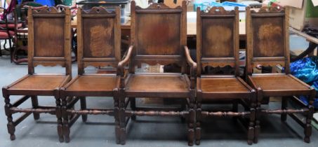 Set of 5 (4+1) 19th century country style panelled oak high back dining chairs. Approx. 112cms H