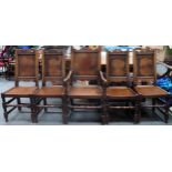 Set of 5 (4+1) 19th century country style panelled oak high back dining chairs. Approx. 112cms H