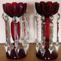 Pair of Victorian ruby glass lustres with droplets. Approx. 28cm H Used condition, two droplets