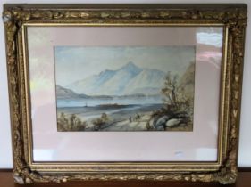 19th century gilt framed watercolour depicting a Scottish Loch scene, unsigned Reasonable used