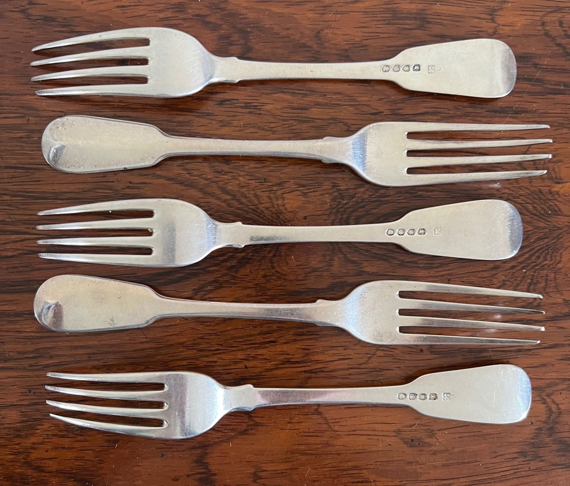 FIVE SILVER DESSERT FORKS, LONDON, 181, WEIGHT APPROX 350g