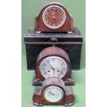 Vintage metal lock box, plus three oak cased mantle clocks All in used condition, unchecked and