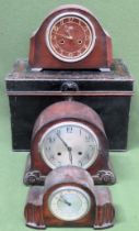 Vintage metal lock box, plus three oak cased mantle clocks All in used condition, unchecked and
