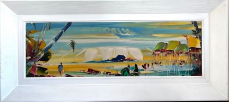 DEAKINS, OIL ON BOARD, ORIENTAL SUNSET, APPROX 18 x 59cm
