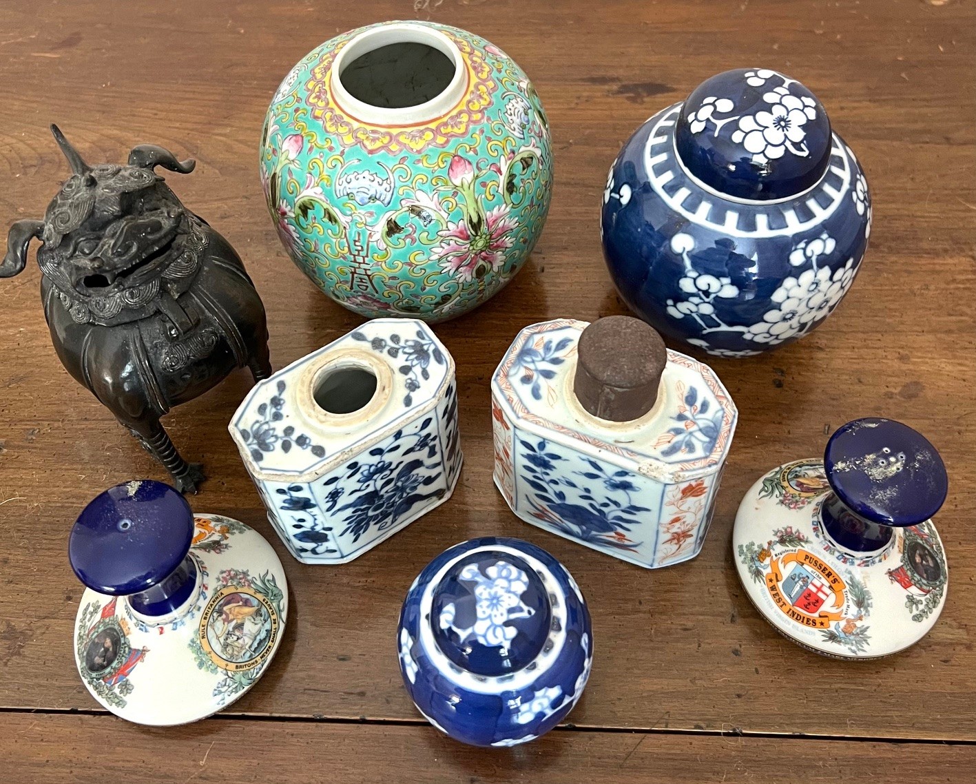 ACCUMULATION OF CERAMIC ITEMS INCLUDING ORIENTAL TEAPOY, BRONZE INCENSE BURNER, ETC