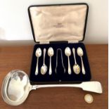 CASED SILVER SIX COFFEE SPOONS AND SUGAR TONGS, ALSO PLATED LADLE