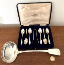 CASED SILVER SIX COFFEE SPOONS AND SUGAR TONGS, ALSO PLATED LADLE