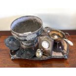 SILVER CASED TRAVEL CLOCK, SILVER SAUCE BOAT, PLUS SILVER PLATED OTHER ITEMS AND ALSO ORIENTAL