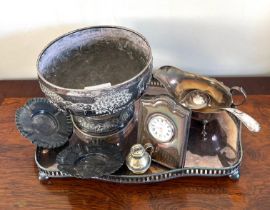 SILVER CASED TRAVEL CLOCK, SILVER SAUCE BOAT, PLUS SILVER PLATED OTHER ITEMS AND ALSO ORIENTAL