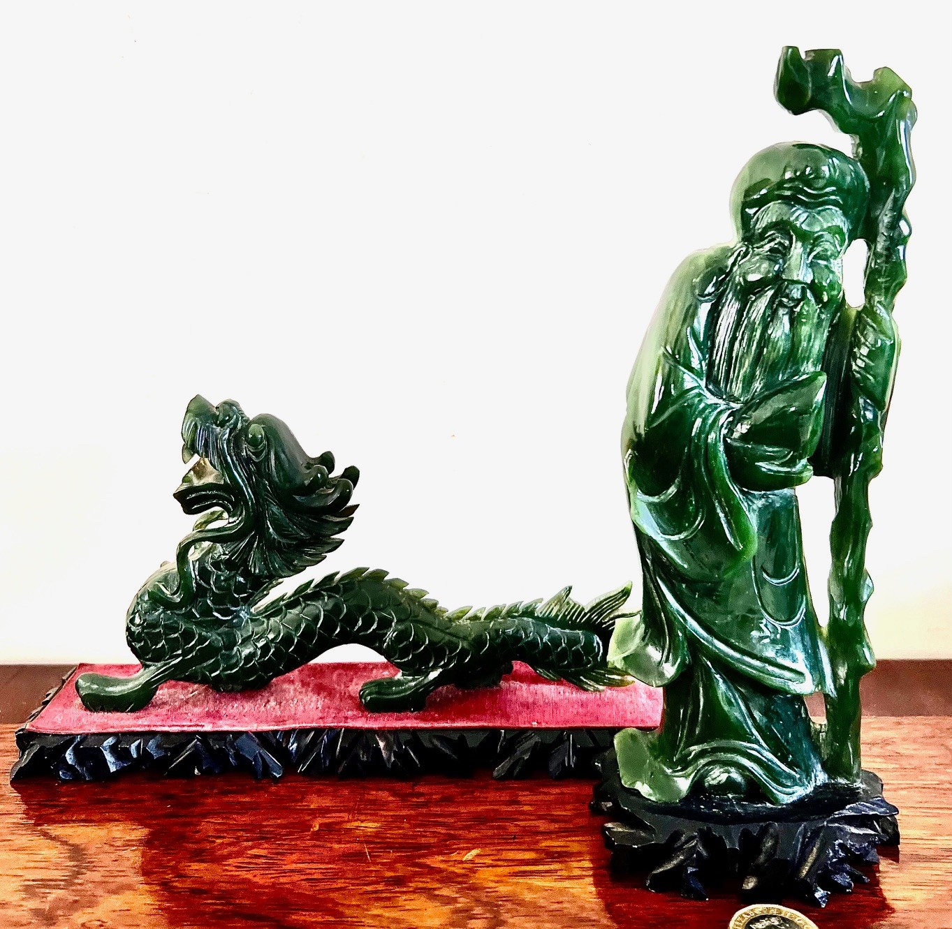 TWO JADEITE FIGURES- SAGE AND DRAGON, SAGE AND STAND APPROX 20cm, DRAGON APPROX 18cm