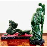 TWO JADEITE FIGURES- SAGE AND DRAGON, SAGE AND STAND APPROX 20cm, DRAGON APPROX 18cm