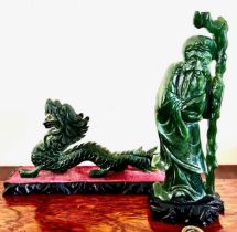 TWO JADEITE FIGURES- SAGE AND DRAGON, SAGE AND STAND APPROX 20cm, DRAGON APPROX 18cm
