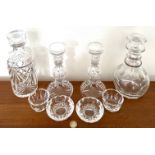 PAIR OF WATERFORD CANDLESTICKS, TWO ASHTRAYS, SMALL BOWLS, TWO DECANTERS (NOT WATERFORD)