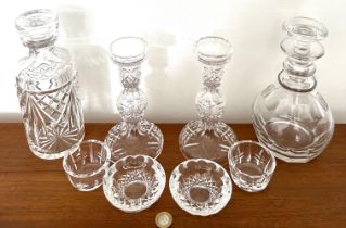 PAIR OF WATERFORD CANDLESTICKS, TWO ASHTRAYS, SMALL BOWLS, TWO DECANTERS (NOT WATERFORD)
