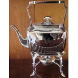 Early 20th century silver plated spirit kettle on stand. Approx. 28cms H reasonable used