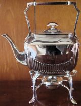 Early 20th century silver plated spirit kettle on stand. Approx. 28cms H reasonable used