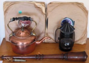 Mixed lot including copper kettle, Liverpool police whistle with hand turned truncheon, gramophone