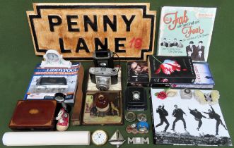 Sundries Inc. Penny Lane repro sign, Beatles volumes, cameras, inlaid box, placemats, etc all used