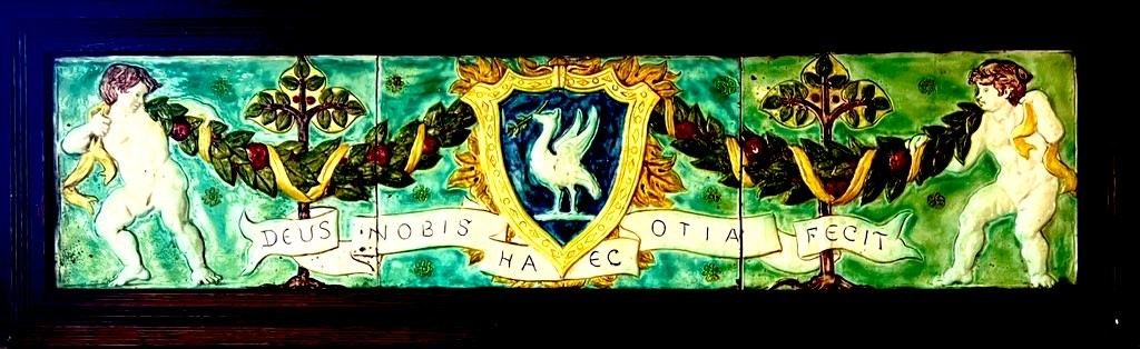 BIRKENHEAD DELLA ROBBIA PLAQUE IN THREE PANELS, DEPICTING LIVERPOOL LIVER BIRD AND LIVERPOOL CITY