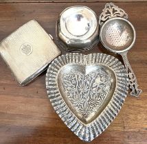 INDIAN WHITE METAL HEART SHAPE TRAY, SILVER TEA STRAINER, CONVEX CIGARETTE CASE, TOTAL WEIGHT APPROX