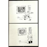 LANG, TWO ORIGINAL CARTOON ARTWORKS, 'THE CARD PLAYERS', GLAZED, EACH APPROX 20 x 25cm