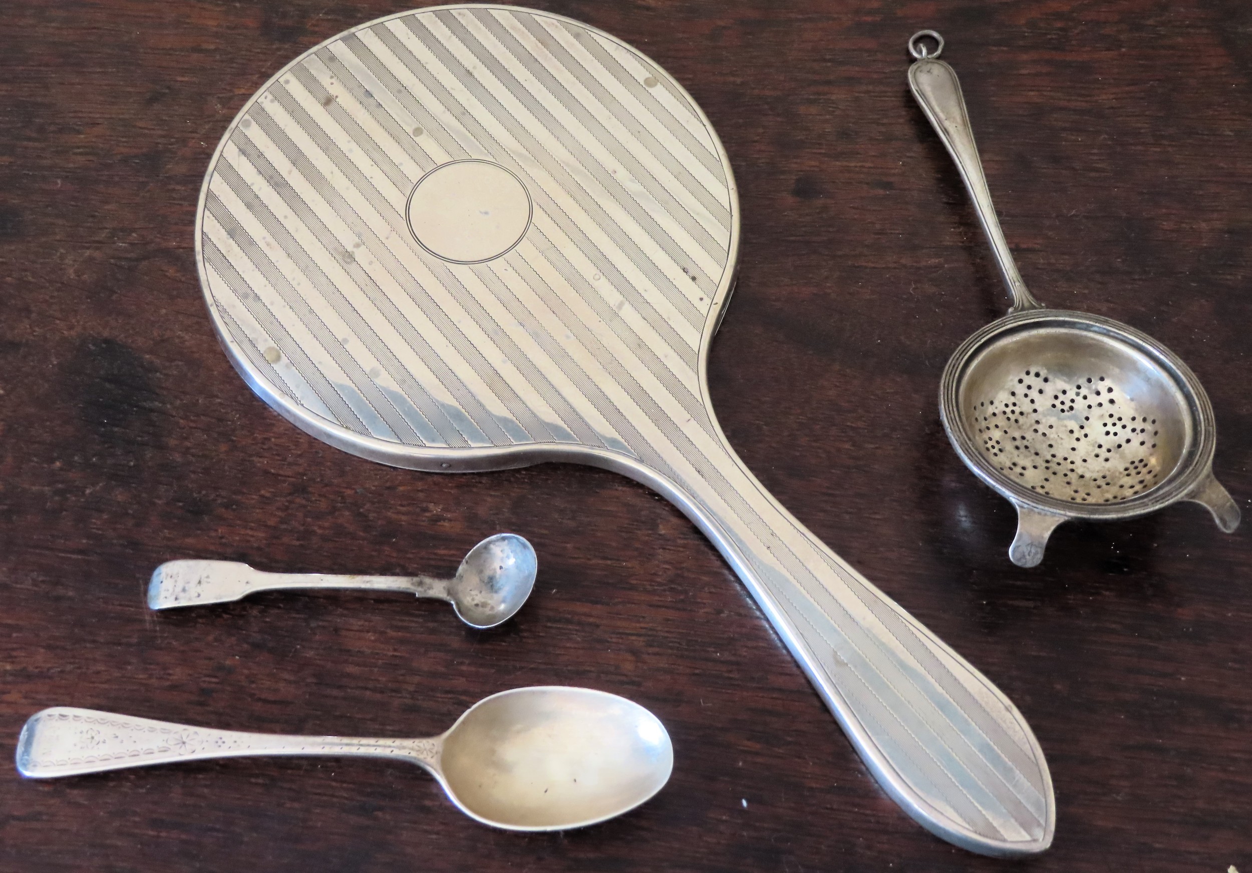 Sundry lot of Silver including flatware, strainer, plus dressing mirror. Total Weight Approx. 516.4g