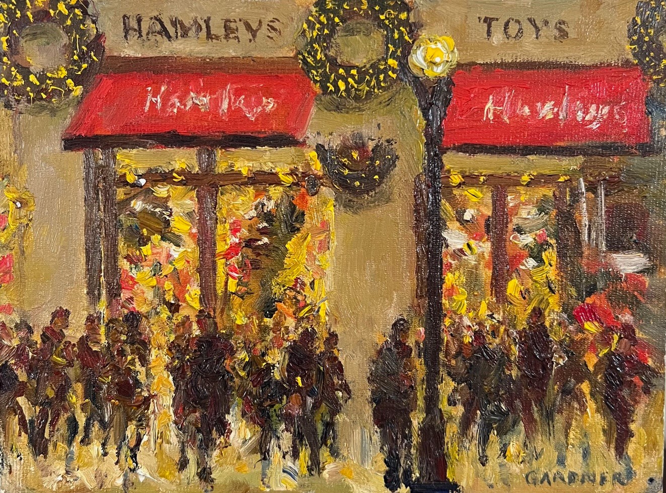 KEITH GARDNER RCA, OIL ON BOARD, 'HAMLEY'S TOYS, REGENT STREET', SIGNED LOWER RIGHT APPROX 15 x 20.