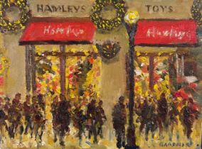 KEITH GARDNER RCA, OIL ON BOARD, 'HAMLEY'S TOYS, REGENT STREET', SIGNED LOWER RIGHT APPROX 15 x 20.